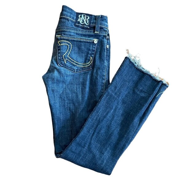 Rock & Republic Bootcut Cut off Hem Jeans Denim Dark Wash Fringed Blue Hem 26 - Picture 1 of 10